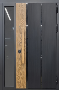 Металлическая современная термодверь с боковой остекленной вставкой, бугельной ручкой и комбинированными панелями МДФ Металлическая современная термодверь с боковой остекленной вставкой, бугельной ручкой и комбинированными панелями МДФ